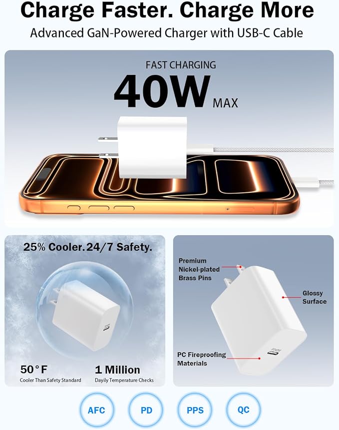 [Apple MFi Certified] 40W GaN III USB C Charger with 10FT Cable for iPhone | 2-Pack PD 3.0 PPS Charger Set Compatible with iPhone 17/16/15 Pro Max Samsung S25 iPad and MacBook Compact Travel Desig