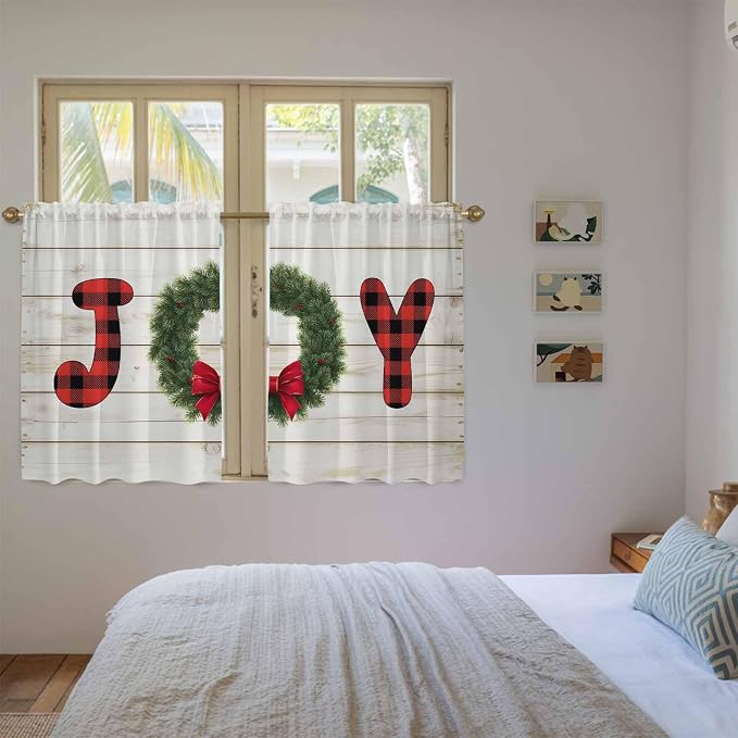 Christmas Wreaths Kitchen Tier Curtains 45 Inch Long 2 Panel Set, Rod Pocket