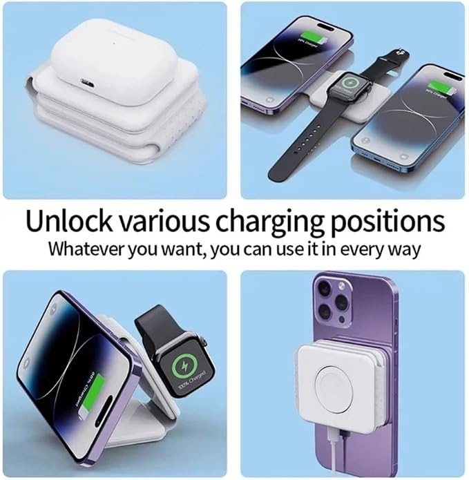 Foldable 3 in 1 Fast Charging Pad Desktop Wireless Charger for iPhone 17 16 15 14 13 12 Pro Max iWatch 10 9 8 7 6 AirPods Pro 2 (Black)