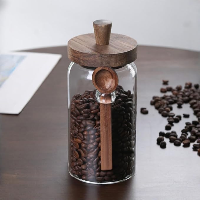 ANSQU 34oz Glass Jar with Wooden Lid & Spoon, Food Storage Containers Coffee Jar Coffee Grounds Container, Food Storage Canister, Kitchen Pantry Storage Container