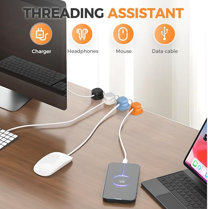 Magnetic Cord Organizer Holder, Upgrade Cord Holder for Nightstand, Adhesive Wire Cable Clips Management Kit for Phone Charger, Computer, Home, Office, Desk, Nightstand (Orange, 6 Packs)