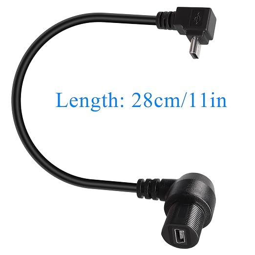 QIANRENON 90 Degree Angle Mini USB Panel Flush Waterproof Extension Cable Mini USB 5 Pin Right Angle Male to Female Panel Mount Cable Threaded to Dashboard or Panel28cm/11in (Down Bend)