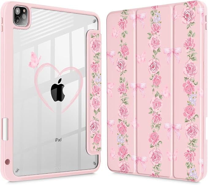 May Chen Case for iPad 12.9 Inch (6th/5th/4th/3rd Generation 2022/2021/2020/2018) Pencel Holder + Trifold Support Auto Sleep/Wake Transparent Shockproof Back Cover Blue Bows