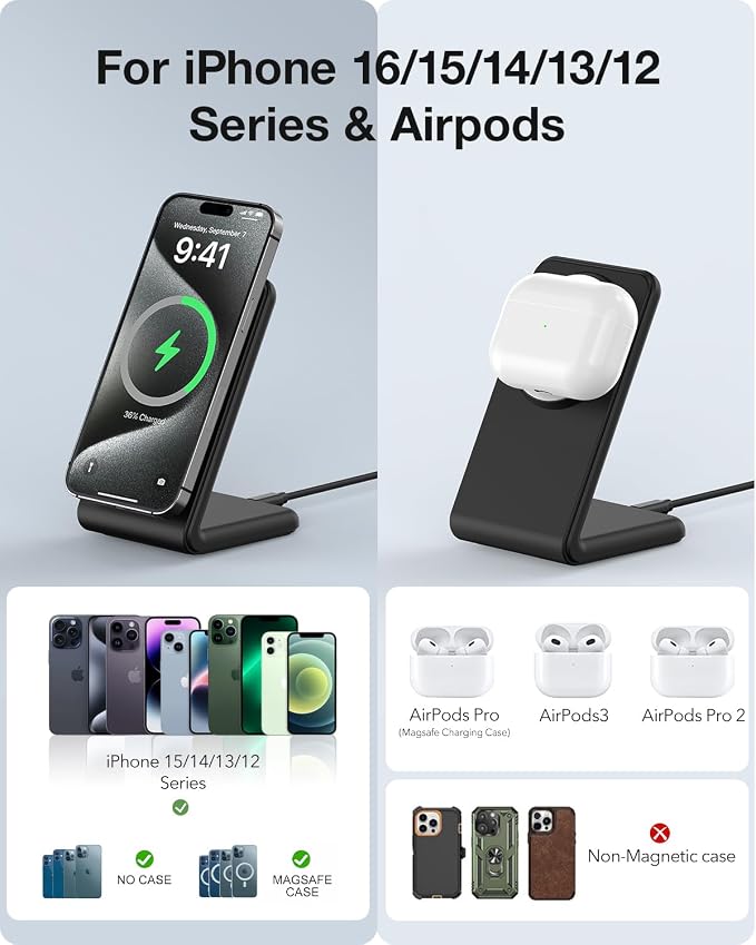 Meifigno Magnetic Wireless Charger Designed for iPhone 16 Pro Max/15/14/13/12 Series Fast Charging with PD 20W USB-C Adapter &amp Cable Compatible with MagSafe Charger Stand Black