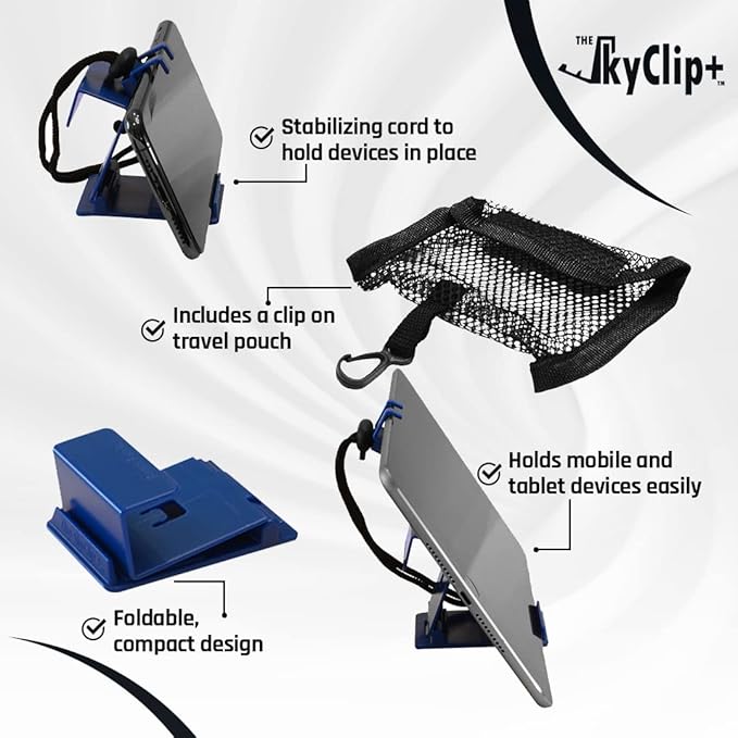 The SkyClip+ Phone &amp Tablet Holder for Air Travel Home and Office Use - Inflight Phone Mount &amp Stand Compatible with iPhone Android Kindle and Tablets - Ultimate Travel Accessory (Black)