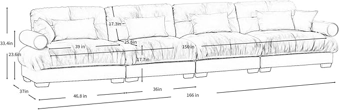 166" Oversized Camel Velvet Cloud Couch - 4 Seater Modular Sectional Sofa with 6 Pillows, Deep Seat for Living Room