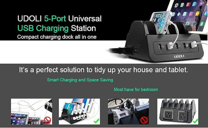 UDOLI 5 USB Ports Charging Station Organizer for Multiple Devices Fast Charging Desktop Stand for Apple Android Phone Tablet 1600W 2 AC Power Outlets Charger Dock for Home Office 3 Prong Cord Black