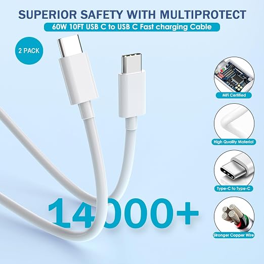 10FT iPhone 17/16e Fast Charger2Pack 20W Dual Port USB A+C QC Apple Adapter with 10 Foot USB C to C Fast Charging Cable Cord for iPhone 17Air/17Pro/17Pro Max/16/16Pro/15/15Pro/Pro Max/Plus(Blue/Pink)