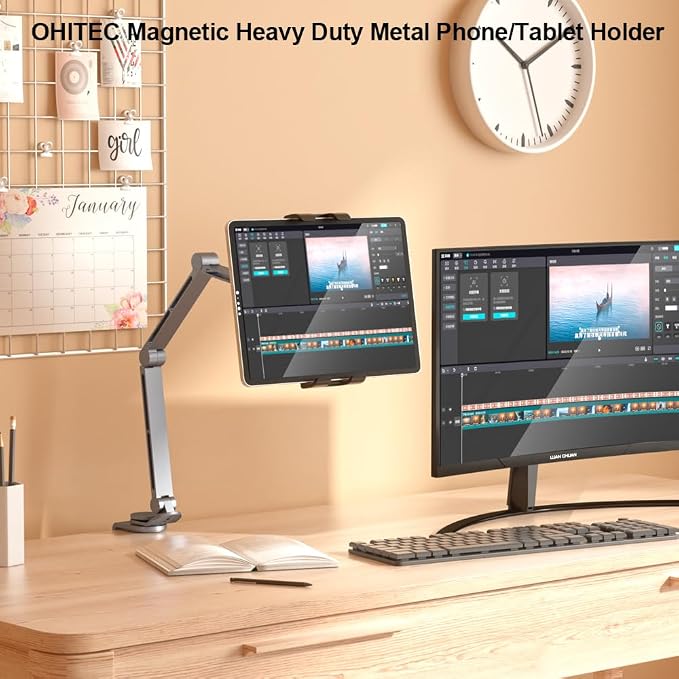 Phone/Tablet Metal Holder Stand Grey CT9 | Heavy Duty Adjustable Foldable Aluminum Universal Lazy Bracket 360° Rotation Flexible Long Arm For 4-13 Inch Devices