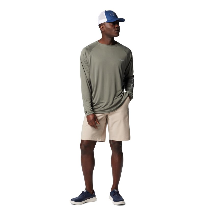 Columbia Men's PFG Terminal Tackle Long Sleeve Fishing Shirt, Cypress/Cool Grey Logo, 3X Tall