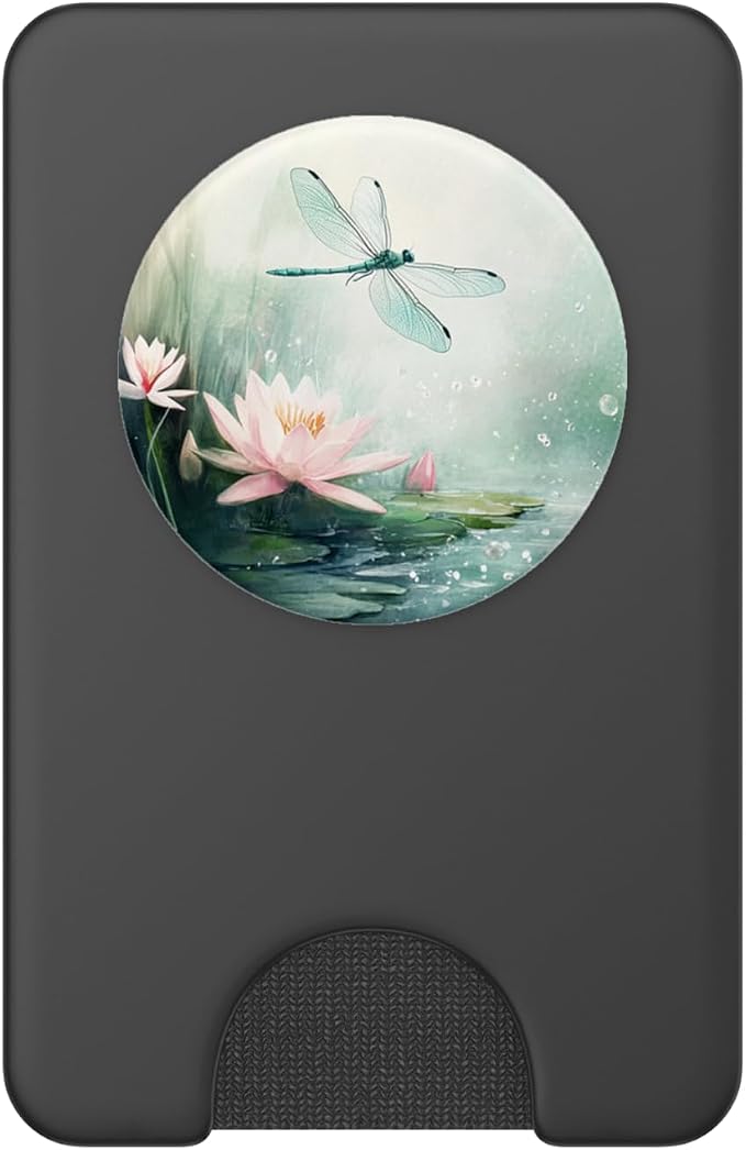Aesthetic Floral Lotus And Dragonfly Watercolor Art PopSockets PopWallet for MagSafe