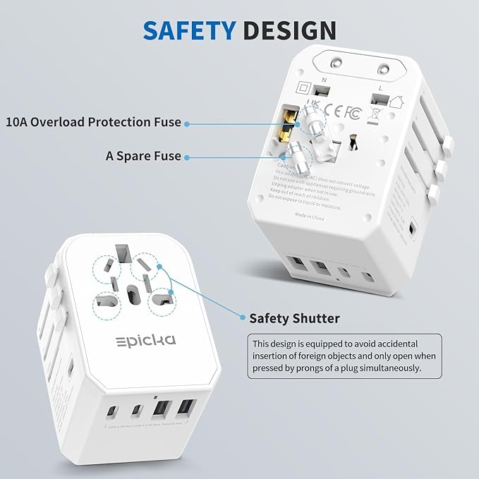 EPICKA Universal Travel Adapter, International Power Adapter with 2 USB-A & 3 USB-C Ports Wall Charger - Worldwide Travel Essentials, European Travel Plug Adapter for UK/US/AU (TA-105C, White)