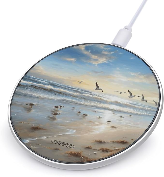 The Beach with Sea Birds Wireless Charger Fast Charging Pad | Anti-Slip Qi Certified Wireless Charging Pad for All Phones with Wireless Charging Function for Home Office Travel
