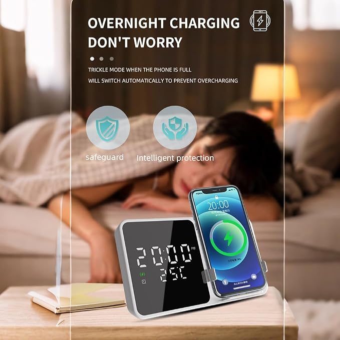 IHAO 3in1 Multifunctional Foldable Wireless Charging Station with LED Ambient Night Light Fast QC3.0 Charger for Phone iWatch Headphone Space-Saving Auto-Shutoff &amp Overcharge Protection-Black