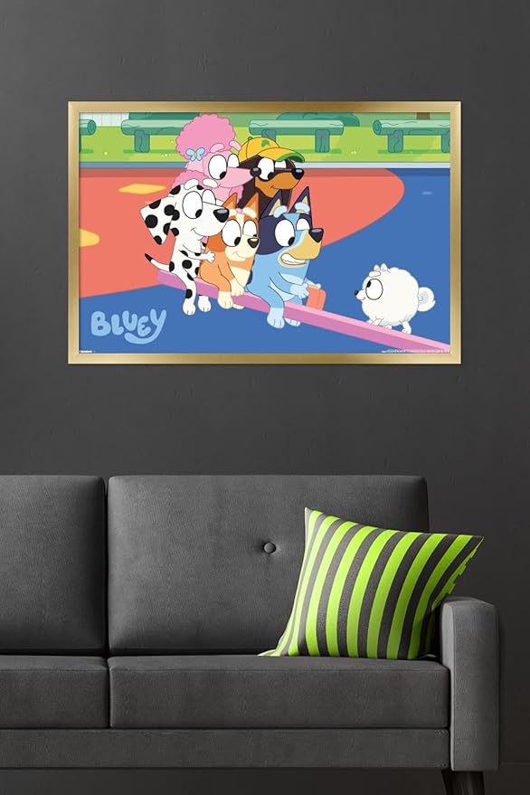 Bluey (2018) - Bluey and Friends See Saw Fun Wall Poster, 34L" x 22.4W", Gold Framed Version