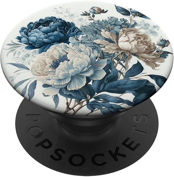 Navy Blue Peonies Blossom Leaves White Flowers Floral Girly PopSockets Adhesive PopGrip