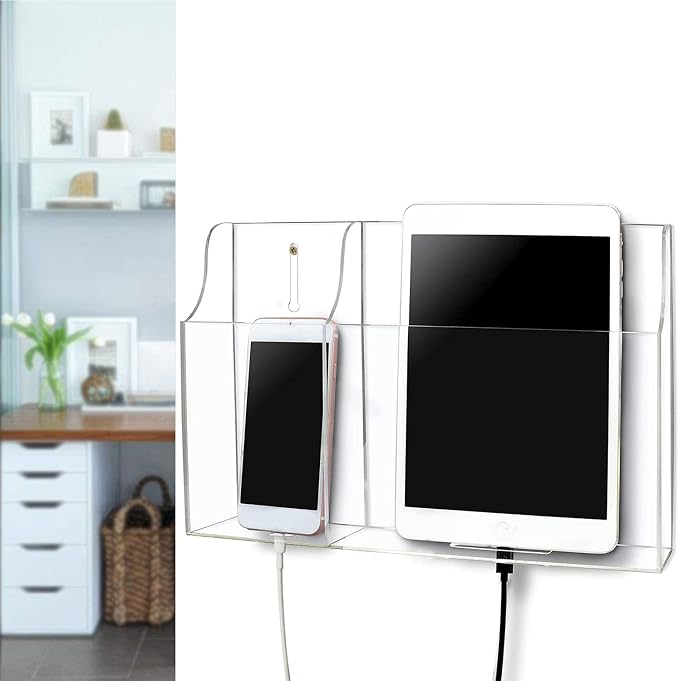 Clear Wall Tablet Holder Acrylic Wall Mounted Phone Holder for iPad Remote Control Holder Laptop Stand for eReader Storage Caddy with Charging Holes for Kindle iPhone