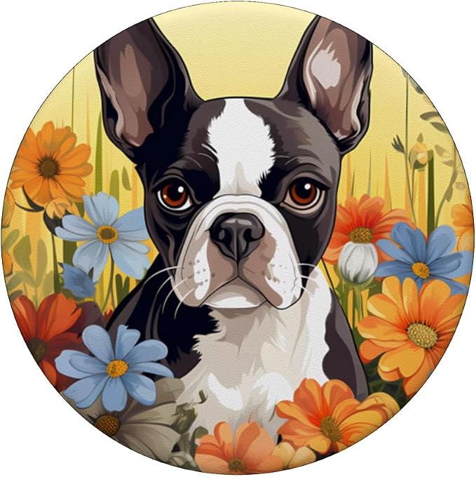 Cute Boston Terrier Spring Flower Garden Colorful Puppy Dog PopSockets Adhesive PopGrip