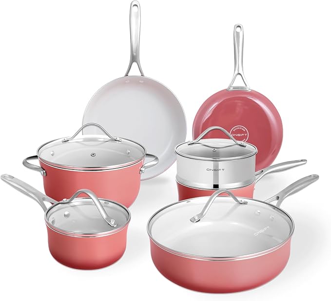 ONGIFT Kitchen Pots and Pans Set Non Stick, 11 Pcs Ceramic Cookware Set with Stay-Cool Handle, Pot and Pan Set NonToxic PFOA/PFAS Free, Dishwasher/Oven Safe, Evenly Heats, Enamel Exterior - Coral Red