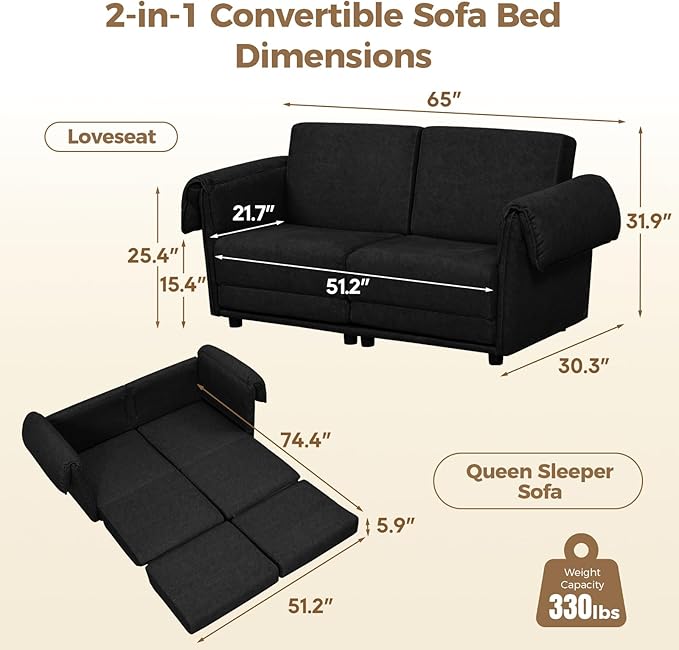 FHFO 65" Loveseat Sleeper Couch for Small Spaces, 3 in 1 Pull Out Sofa Bed Convertible Sleeper Sofa Comfy Sofabed for Living Room, Bedroom, Apartment (Black)