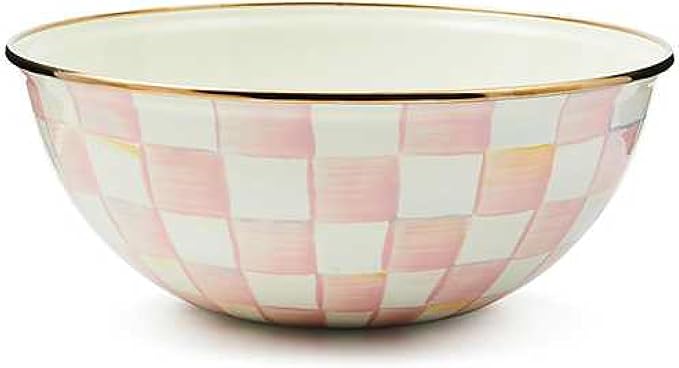 MACKENZIE-CHILDS Enamel Everyday Bowl, Serving Bowl for Entertaining, Medium, Pink-and-White Rosy Check, Set of 1