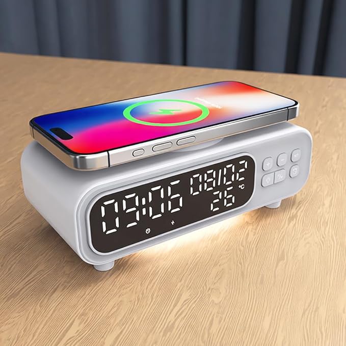 IHAO 5in1 Alarm Clock with Wireless Charging Night Light 15W Fast Charger for Phone and Headphone, LED Digital Display with Date & Temperature, Dimmable for Bedroom & Office-D15 Clock White
