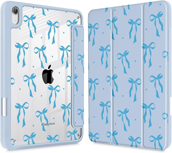 Case for iPad mini (A17 Pro 7th Generation) 2024/iPad Mini (6th Gen) 8.3 Inch with [Built-in Pencil Holder] Shockproof Cover with Clear Transparent Back Shell &amp Auto Wake/Sleep - Blue Bows