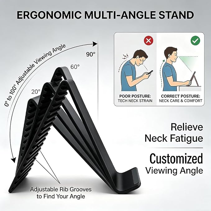 Flexible Silicone Phone Holder Bendable Foldable Stand with Aluminum Adjustable Anti-Slip Multi-Angle Cellphone Holder Portable Rollable Stand for Phone Tablet Laptop 2 Pack Black