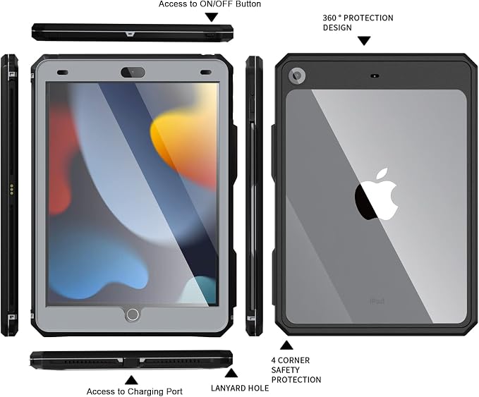 ipad 10.2 Waterproof Case 2021/2020/2019ACase iPad 7th/iPad 8th/iPad 9th Generation IP68 Waterproof ipad 10.2 Cover with Strap Stand Pencil Holde Built-in Screen Protector Rugged Shockproof Case