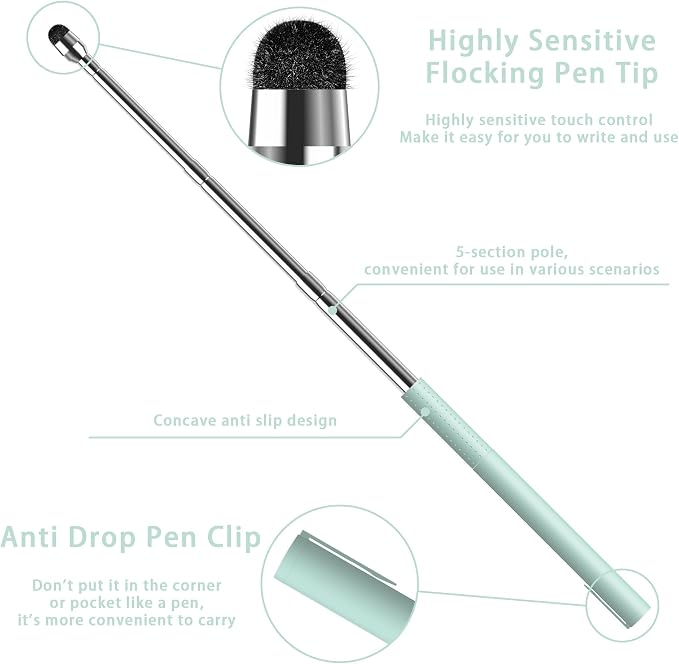 Universal Telescopic Stylus Pen for Touch Screens Retractable Pointer Stick Stylus with Special Flocking Tip Pointers for Classroom Pointer Finger Stick Anti Slip Pen Clip Black