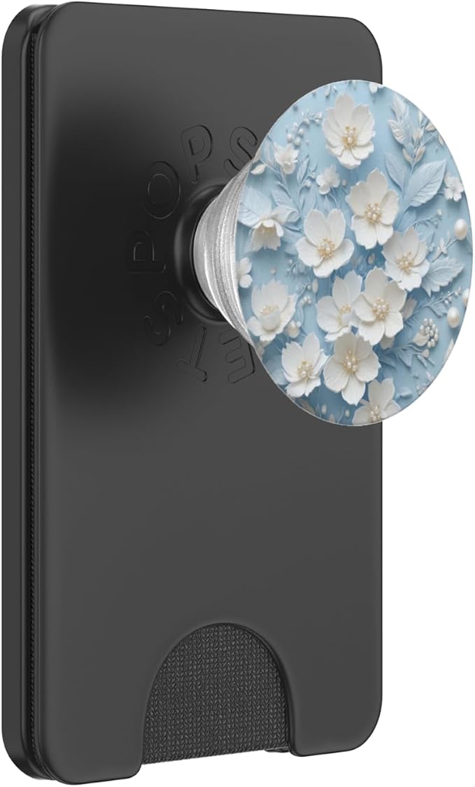 White Pearl Floral on Blue Illustration Print PopSockets PopGrip for MagSafe