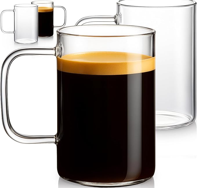 Aquach 4pcs 18 oz Clear Glass Coffee Mugs with Handle - Large Cups for Coffee, Tea, Latte, Cappuccino