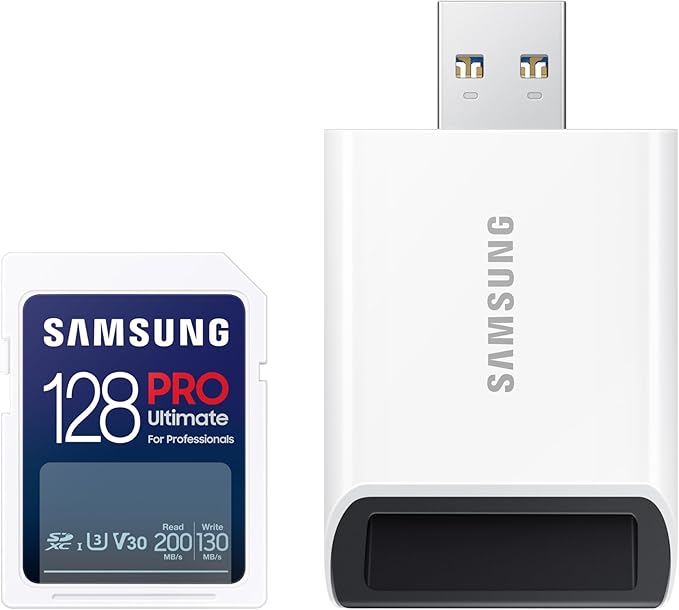 Samsung PRO Ultimate Full Size Memory Card+USBReader, 128GB SDXC, Up to 200 MB/s, 4K UHD, UHS-I, C10, U3, V30, A2 for DSLR, Mirrorless Cameras, PCs, MB-SY128SB/AM