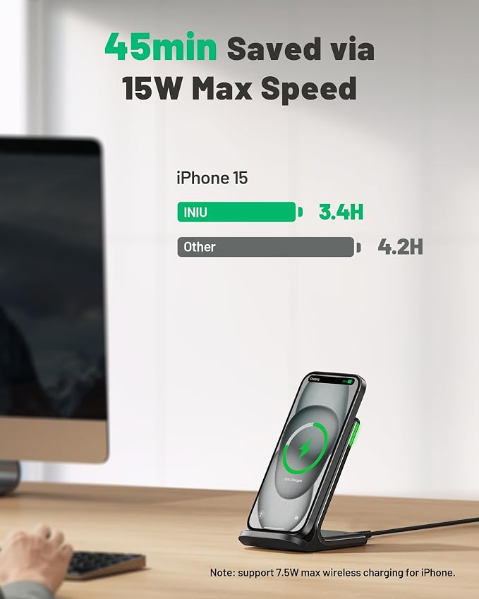 INIU Wireless Charger 15W Fast Wireless Charging Phone Station with LED | Sleep-Friendly Adaptive Light Exclusive Temp°Guard Wireless Charging Station for iPhone 17 16 Pro Max Samsung S25 S24 etc