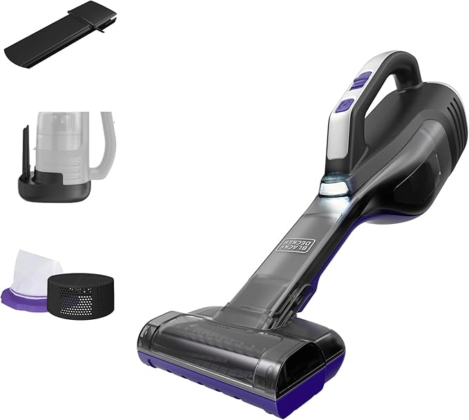 BLACK+DECKER dustbuster Reveal Pet Hair Vacuum, Hand Held Vacuum Cordless Portable for Home and Car, Rechargeable, LED Light, Powerful Suction, Includes Pet Brush and Crevice Tool (HLVD320BP07)