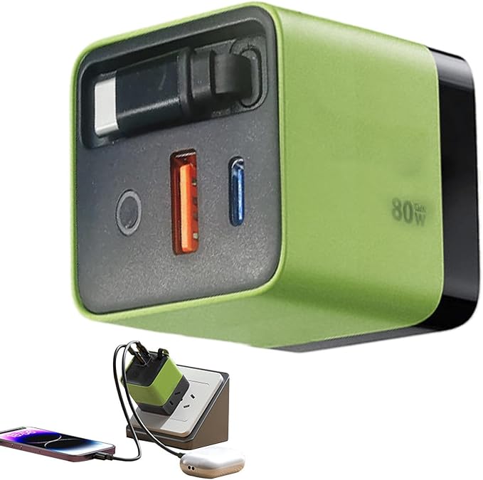 Charger Retractable Mobile Phone Charger Wall Plug with Expandable 80w Max Fast Charging Module Type-C Cable and 2 USB Ports for Mobile Phones Laptops