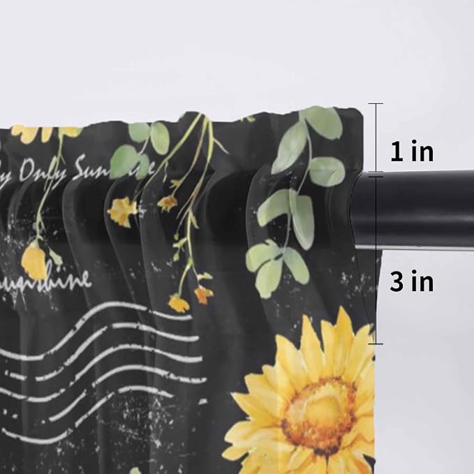 Summer Floral Sheer Valance Curtains, Watercolor Sunflower Eucalyptus Leaves