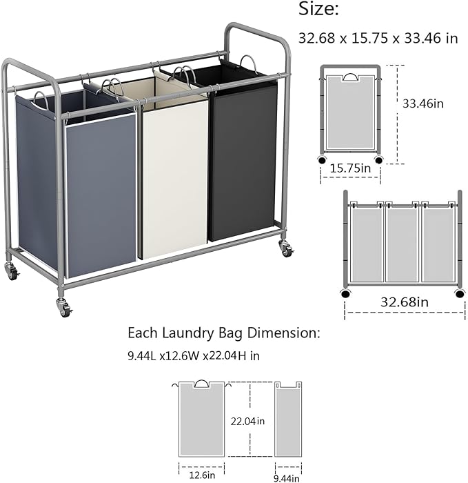 LINZINAR 3-Bag Laundry Basket Sorter Laundry Hamper Cart with Heavy Duty Rolling Lockable Wheels and Removable Bags (Assorted)