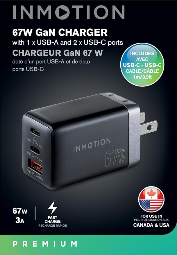InMotion 67W USB-C US GaN Charger with 1M USB-C Cable and 3 Ports