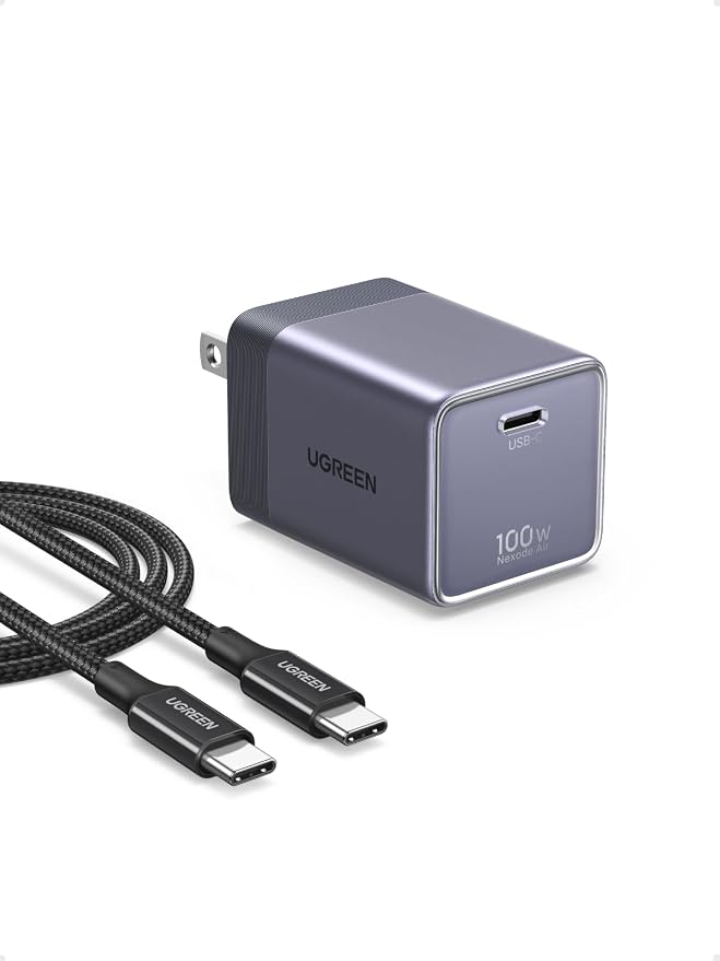 UGREEN Nexode Air 100W Wall Charger Block with USB C Cable Compact Foldable GaN Fast Charging PD Type-C Charger Compatible with MacBook iPhone 17 Pro Max Galaxy Grey