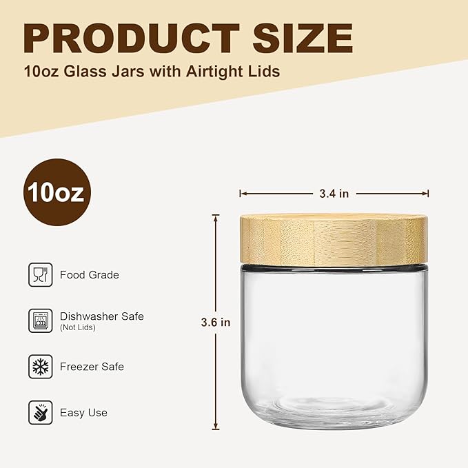 4 Pack 10oz Glass Jars with Bamboo Lids, Overnight Oats Containers with Airtight Lids, Storage Containers Wide Mouth Mason jars for Salad,Yogurt, Sugar, Snacks, Spices