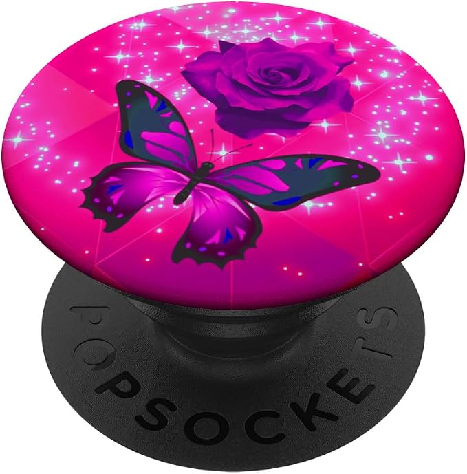 Hot Pink Butterfly Flower Rose Cell Phone Holder Grip Floral PopSockets Adhesive PopGrip