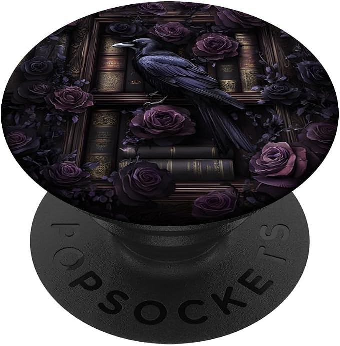 Dark Gothic Bookshelf with Raven and Moody Purple Roses PopSockets Adhesive PopGrip