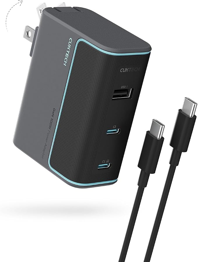 CUKTECH 100W GaN USB C Fast Charger 3-Port Wall Charger Compact Fast Charging Block Foldable Power Adapter for MacBook Pro/Air iPhone 17/16/15 Galaxy S24 Pixel Steam Deck with 240W Cable