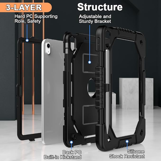 Dteck for Apple iPad 11 inch (A16 11th Gen) iPad 10.9 inch (10th Gen) Slim Clear Case with Kickstand Pencil Holder Reinforced Shockproof Corners Soft TPU Lightweight Protective Cover Transparent