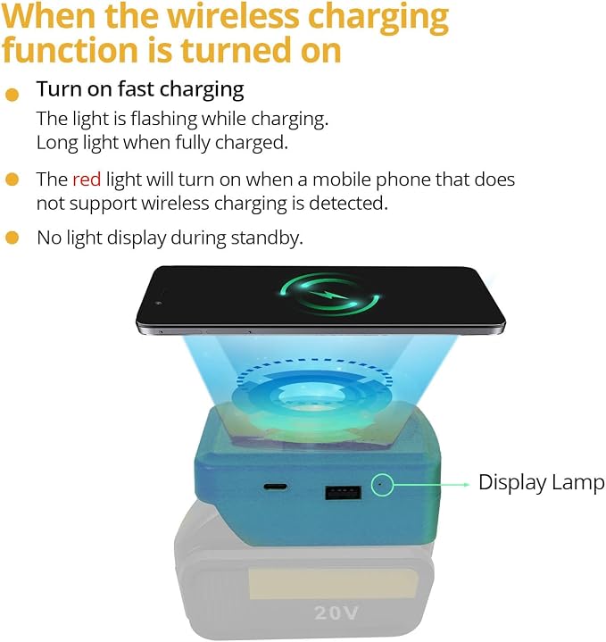 Buachois Wireless Phone Charger Adapter 15W Fast Charging Converter with USB Type C DC Ports for Battery Tools Mobile Devices Laptops