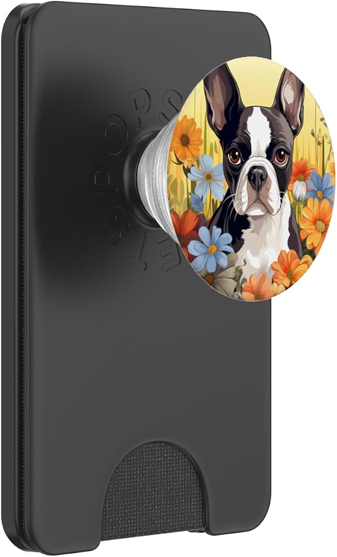 Cute Boston Terrier Spring Flower Garden Colorful Puppy Dog PopSockets Adhesive PopGrip