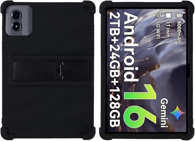 Silicone Case for 11 inch Android 15 TabletSoft Friendly Cover for Android 16 Tablet 11 inch 2026 Adjustable Stand (Black)