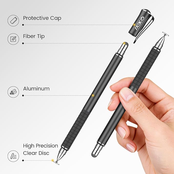 MEKO Stylus Pen for Touchscreen 2-in-1 Universal Stylus 6Pcs | MEKO 1st Gen Stylus Fiber &amp Disc Tips High Precision Work for iPad iPhone Android Tablets All Touch Screens-Black