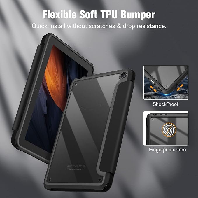 Fintie Hybrid Slim Case for Fire 7 12th Generation 2022 Black | Shockproof Clear Back Shell With Flexible TPU Bumper Soft Microfiber Lining Magnetic Closure Auto Sleep/Wake